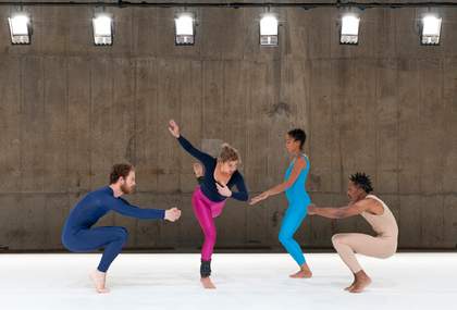 Boris Charmatz and three other dancers performing Flip Book in The Tanks, Tate Modern during 2012
