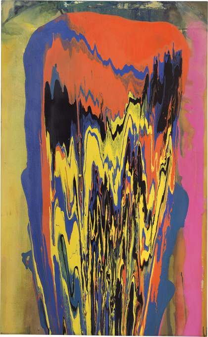 Frank Bowling Tony's Anvil 1975, abstract drip painting in bold orange, pink, yellow and purple