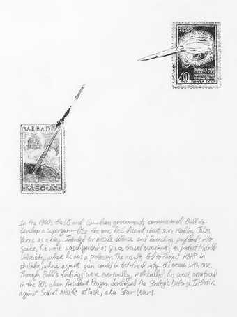 Michael Rakowitz Boy Rocket Scientist 2009 A drawing of two stamps with missiles firing out of them. There is a caption text underneath the drawing.