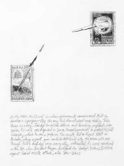 Michael Rakowitz Boy Rocket Scientist 2009 A drawing of two stamps with missiles firing out of them. There is a caption text underneath the drawing.