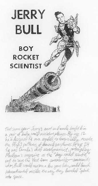 Michael Rakowitz Boy Rocket Scientist 2009 A drawing of a boy dressed as a super hero being fired out of a cannon. There is a caption text underneath the drawing.