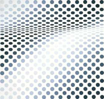 Bridget Riley Hesitate 1964 optical illusion made with dots in gradients of grey where the dots appear to be receding in to each other in the middle of the picture