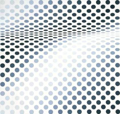 Bridget Riley Hesitate 1964 optical illusion made with dots in gradients of grey where the dots appear to be receding in to each other in the middle of the picture