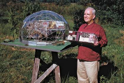 Buckminster Fuller with models of Standard of Living Package and Skybreak Dome, 1949