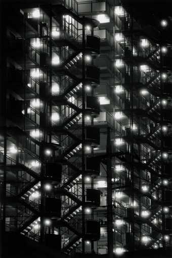 black and white high contrast photograph of stairwells in Tokyo