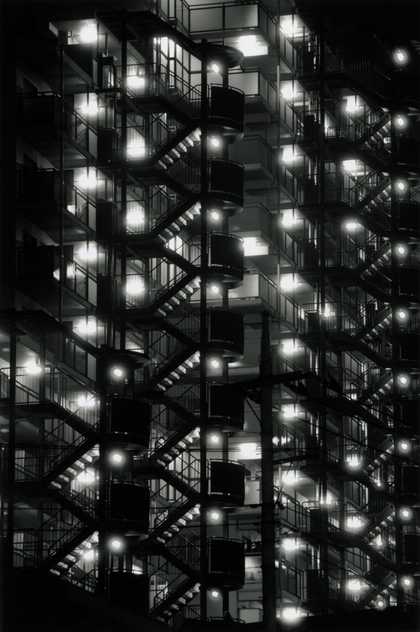 black and white high contrast photograph of stairwells in Tokyo
