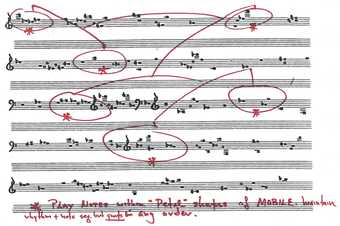 Performance music score with scribbled notes 