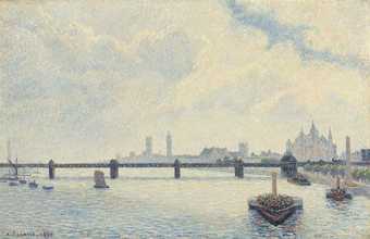 impressionist painting of Charring Cross bridge with boats on the river