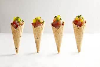 four cone style tuna canapes