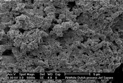 SEM-BSE of pigments: (c) Dutch process stack method, modern reproduction (Jef Seynaeve)