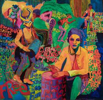Colourful painting by Carolyn Mims Lawrence of two people one drumming