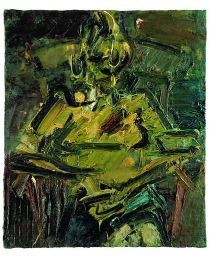 Expressive portrait of a woman sitting in a chair with arms crossed, with thick paint and black outlines.