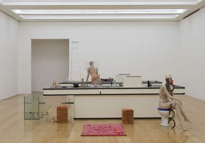 Cathy Wilkes I Give you All My Money 2008 installation view of mannequins positioned around kitchen sink units