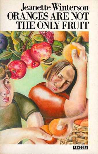 Book cover with an illustration of two figures and fruit