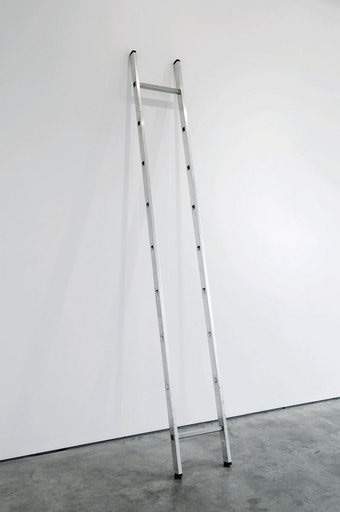 Ceal Floyer Ladder minus 2to 8  2010 photograph of an aluminium ladder leaning against a white gallery wall with all the rungs missing apart from the top rung