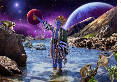 A person stands in the sea surrounded by planets and galaxies