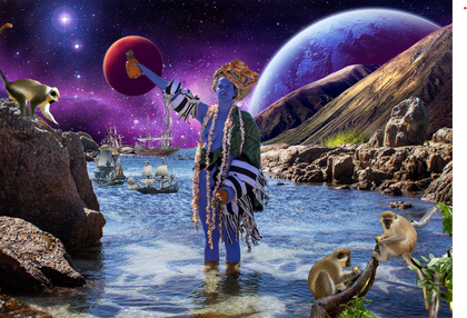 A person stands in the sea surrounded by planets and galaxies