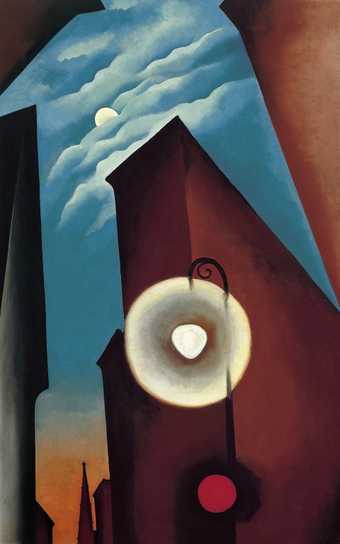 Painting of a building, moon and street light