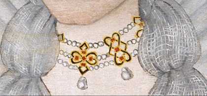 Seventeenth century British School The Cholmondeley Ladies c1600 1610 detail of a womans throat with pearl necklace