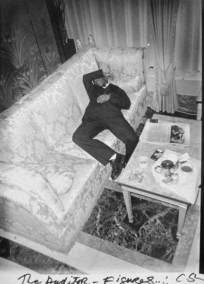 Chris Shaw, The auditor figures from the series Life as a Night Porter 1998–2001; black and white photogra[ph