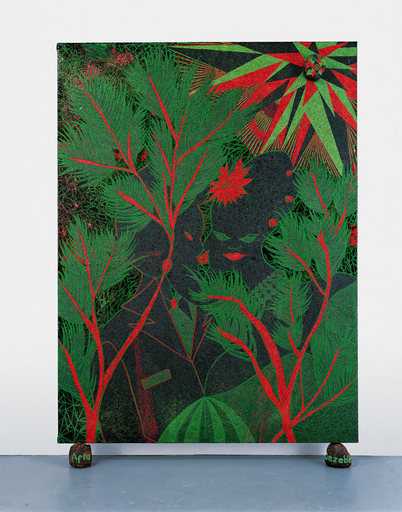 Chris Ofili Afro Jezebel 2002 2003 canvas resting on the floor supported by two dung balls the picture is painted in green red and black and depicts two figures amongst the tress