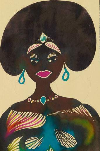 Chris Ofili Untitled from Afro Muses 1995 2005 portrait of a black woman with a large afro and wearing blue earrings and multi coloured traditional dress