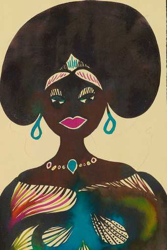 Chris Ofili Untitled from Afro Muses 1995 2005  portrait of a black woman with a large afro and wearing blue earrings and multi coloured traditional dress 