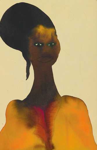Chris Ofili Untitled from Afro Muses 1995 2005 portrait of a black woman with a long elegant neck wearing bright orange traditional dress