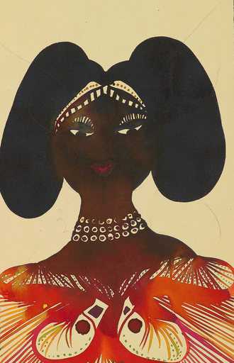 Chris Ofili Untitled from Afro Muses Couples series 1995 2005 portrait of a black woman with elborately styled hair and bright orange traditional dress