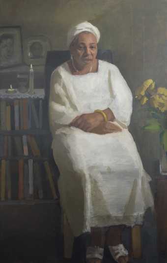 painting of an elderly Black woman in a chair
