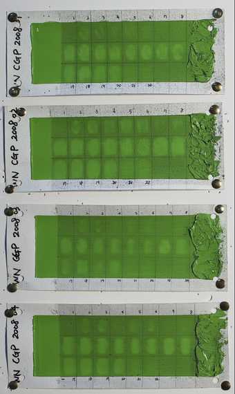 Tubes of artists’ oil paint that were made by W&N were used to produce test paint films for evaluating cleaning systems. In this example ‘cadmium green pale’ dating to 2008 was used. 