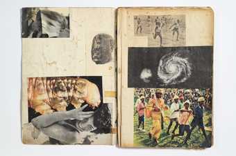 photograph of sketchbook showing collaged images across two pages