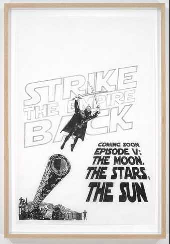 Michael Rakowitz Coming Soon - The Moon, The Stars and The Sun 2009 Drawing of a man being fired from a gun holding crossed swords. Bold poster-style headings appear next to him.