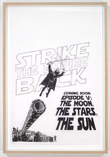 Michael Rakowitz Coming Soon - The Moon, The Stars and The Sun 2009 Drawing of a man being fired from a gun holding crossed swords. Bold poster-style headings appear next to him.