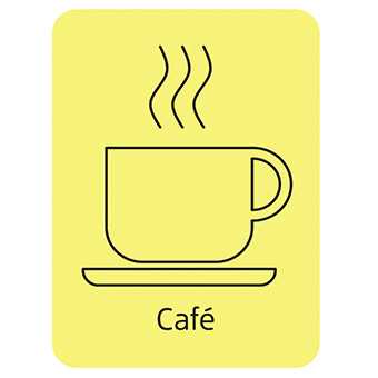 an icon of coffee in a black outline on a yellow background