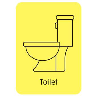 A simple line drawing of a toilet symbol on a yellow background
