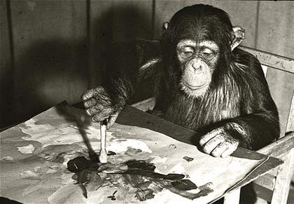 A black and white photograph of Congo the chimp painting at London Zoo.