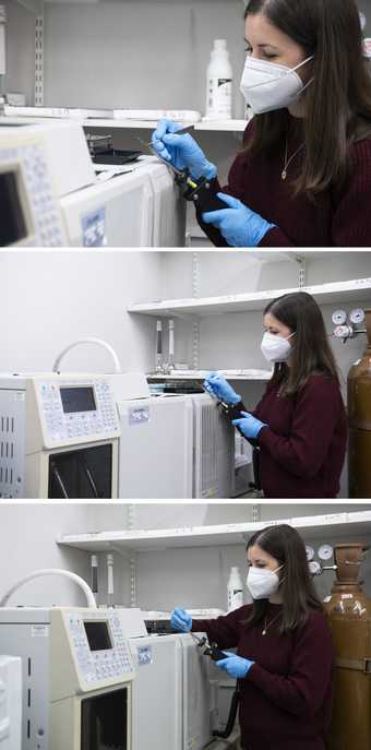A collage of three similar images - in each a person wears a white face mask and blue protective gloves, and operates a piece of machinery. They are in a lab, surrounded by large machines and cylinders.