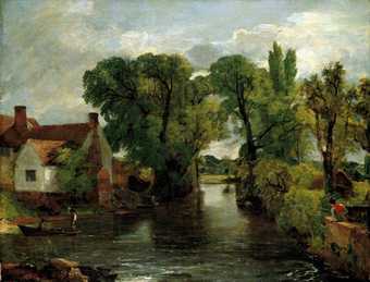 A painted sketch of a river with trees and houses. Two men in a small boat on the water. A boy in red leans over a wall to fish.