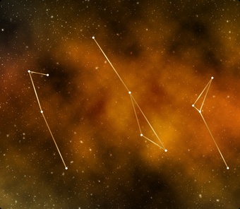 An image of three constellations on a background featuring an orange cloud and stars in outer space