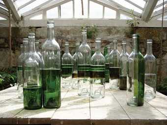 Corey McCorkle Dandelion Wine 2009 glass bottles on a wooden table which look like they contain green liquid