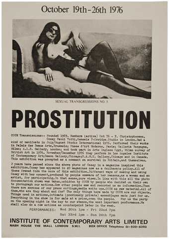 Handbill for COUM Transmissions Prostitution exhibition at the Institute of Contemporary Arts, London, October 1976