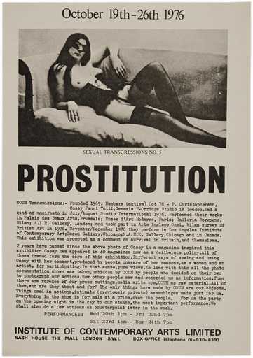 Handbill for COUM Transmissions Prostitution exhibition at the Institute of Contemporary Arts, London, October 1976