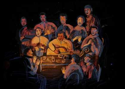 Painting showing people sitting around a table