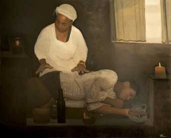 Painting of an elderly woman tending to a man