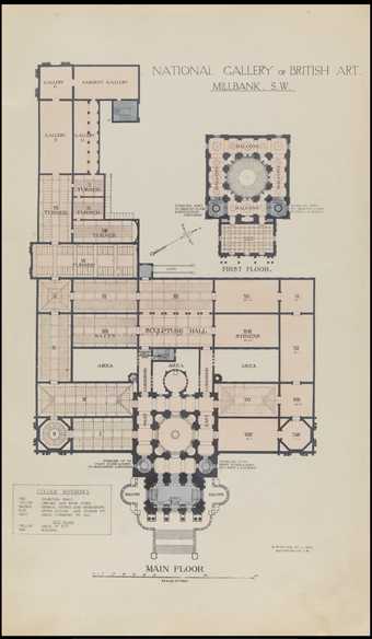 Floor Plan of the Tate Gallery featuring the addition of the 1926 Modern and Foreign Gallery and the position of the original 1898 sculpture gallery