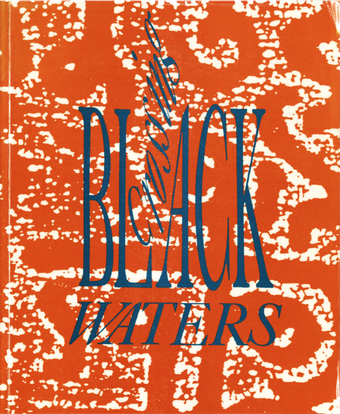 Red book cover with white abstract pattern, and the title in bright blue text, with 'BLACK' and 'WATERS' running horizontally and 'Crossing' running vertically upwards between the 'L' and 'A' of 'BLACK