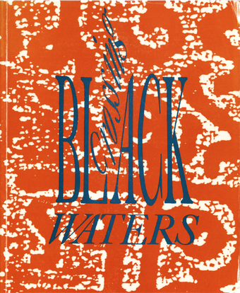 Red book cover with white abstract pattern, and the title in bright blue text, with 'BLACK' and 'WATERS' running horizontally and 'Crossing' running vertically upwards between the 'L' and 'A' of 'BLACK'
