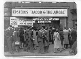 Crowds queuing to see Jacob Epstein's Jacob and the Angel on Oxford Street, c.1946