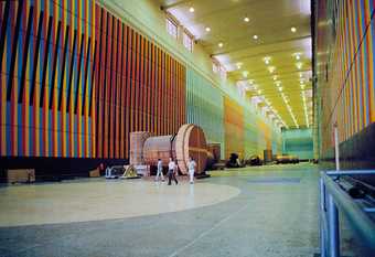 Installation view of Carlos Cruz-Diez's Chromatic Environment for Machine Room Number One at the Raul Leoni Hydroelectric power station, Guri, Venezuela